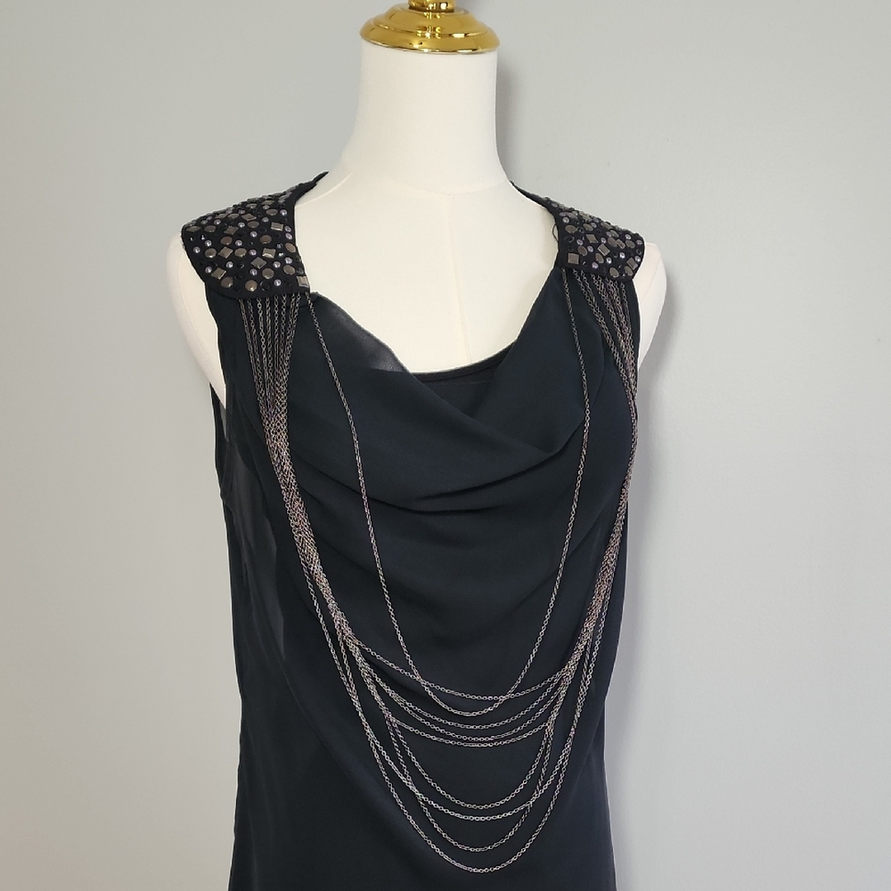Edc Black Mini Dress Chiffon Lined with Silver Chain Studs Details Size 34